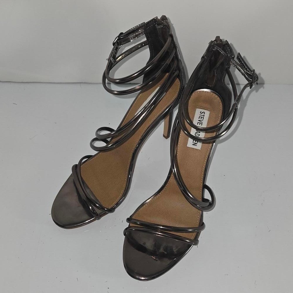 Steve Madden Fico Gunmetal Metallic Strappy Stiletto Heel Sandals Womens Size 9M